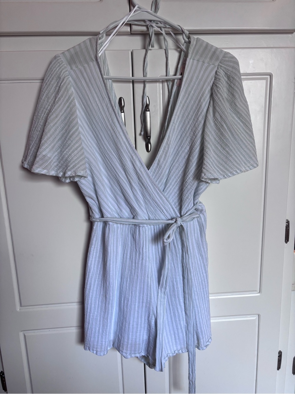 Mi Amore Light Blue Striped Wrap Romper
